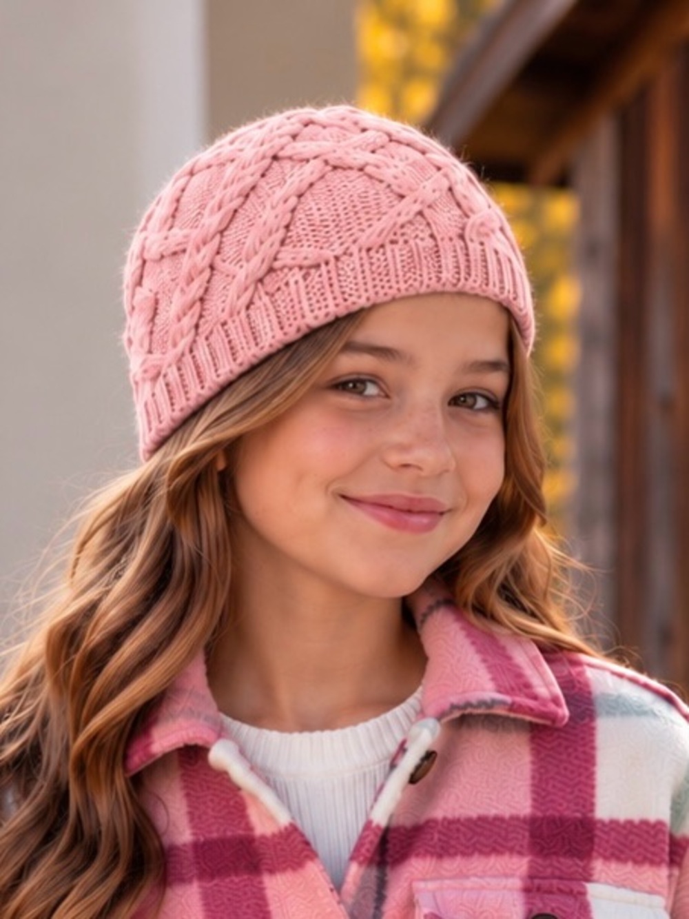 GKS Girls Pink Cable Knit Beanie | Wool Blend | Fleece Lined